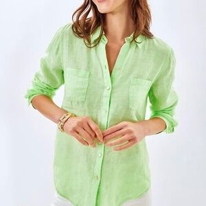 EUC Lilly Pulitzer Sea View Linen Button Down Shirt Top Blouse Jade Lime Sz XS J